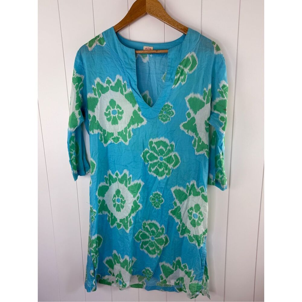 Echo Floral Tunic Dress Coverup in Caribbean Blue Size M